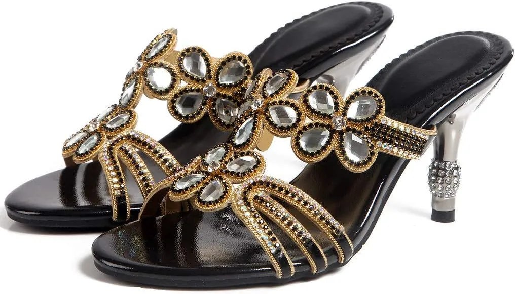 LizFoYa Women Rhinestone Handmade Sandals Flowers Cut-Out Slip On Dress Kitten Heels