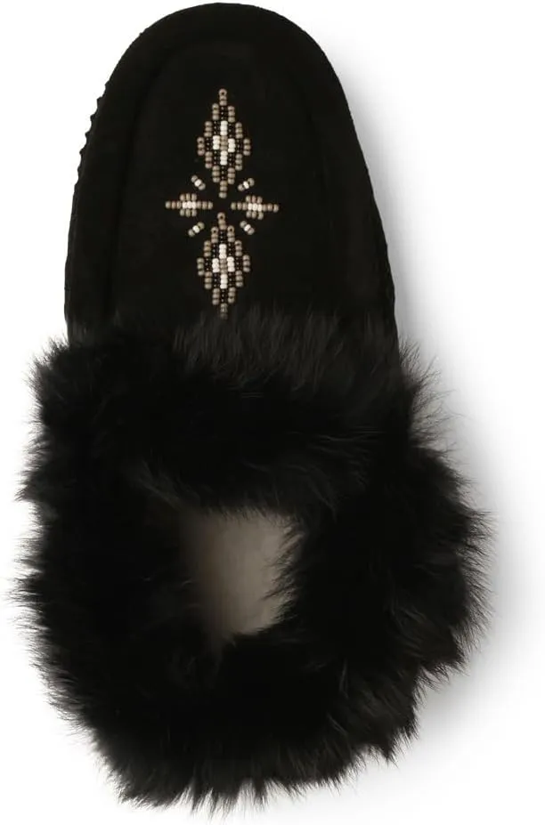 Manitobah Tipi Moccasin - Womens Indoor Slipper, Fleece-Lined, Suede Leather, Rabbit Fur Trim