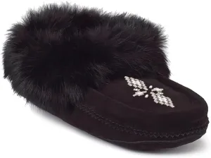 Manitobah Tipi Moccasin - Womens Indoor Slipper, Fleece-Lined, Suede Leather, Rabbit Fur Trim