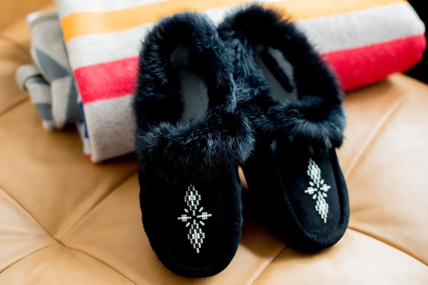 Manitobah Tipi Moccasin - Womens Indoor Slipper, Fleece-Lined, Suede Leather, Rabbit Fur Trim