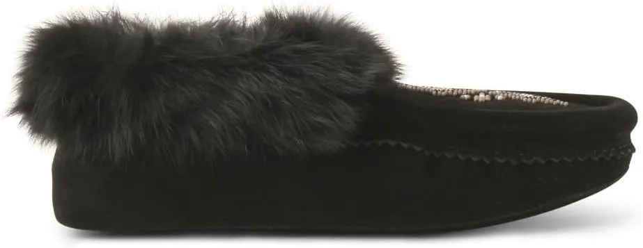 Manitobah Tipi Moccasin - Womens Indoor Slipper, Fleece-Lined, Suede Leather, Rabbit Fur Trim