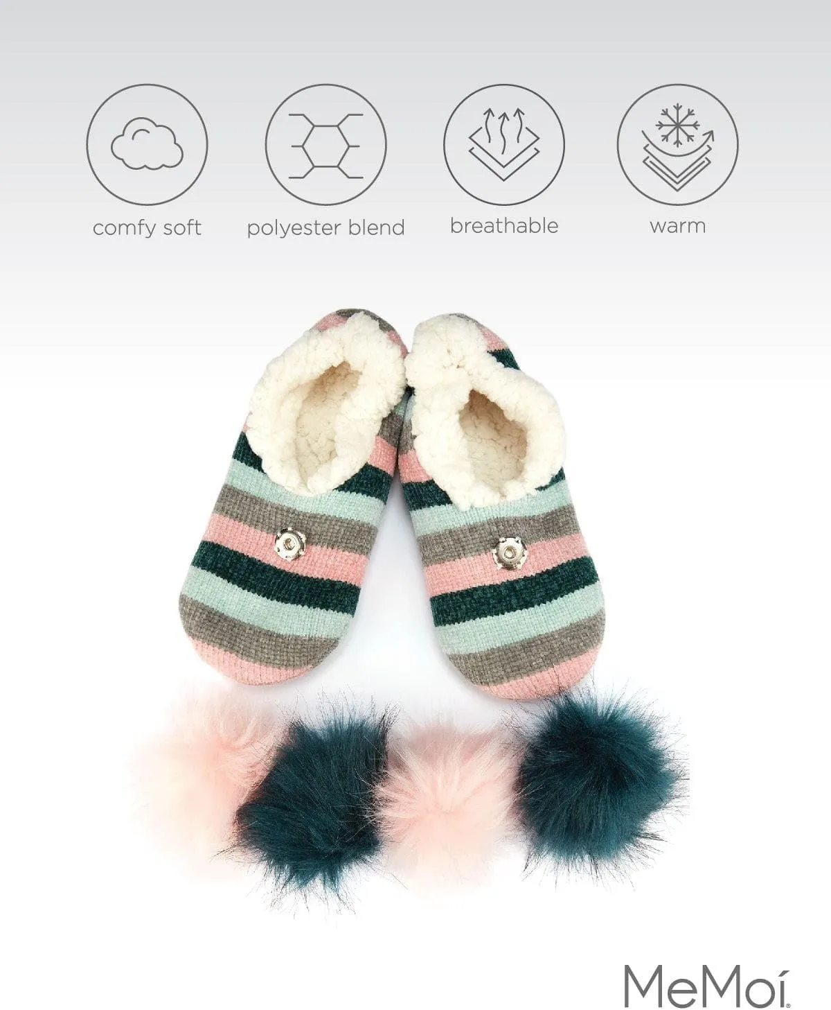 MeMoi Stripe Chenille Interchangeable Pom Pom Slippers
