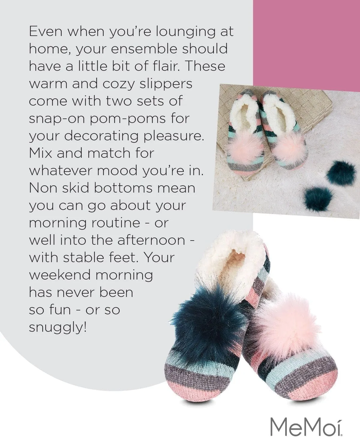 MeMoi Stripe Chenille Interchangeable Pom Pom Slippers