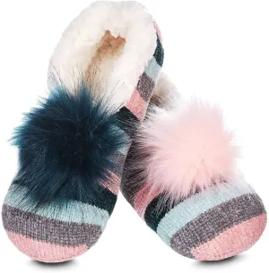 MeMoi Stripe Chenille Interchangeable Pom Pom Slippers