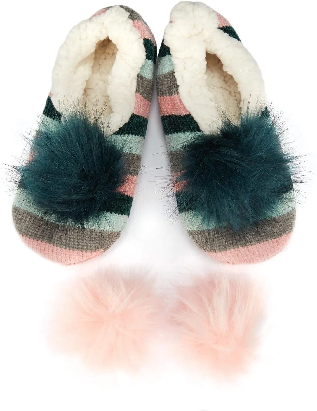 MeMoi Stripe Chenille Interchangeable Pom Pom Slippers