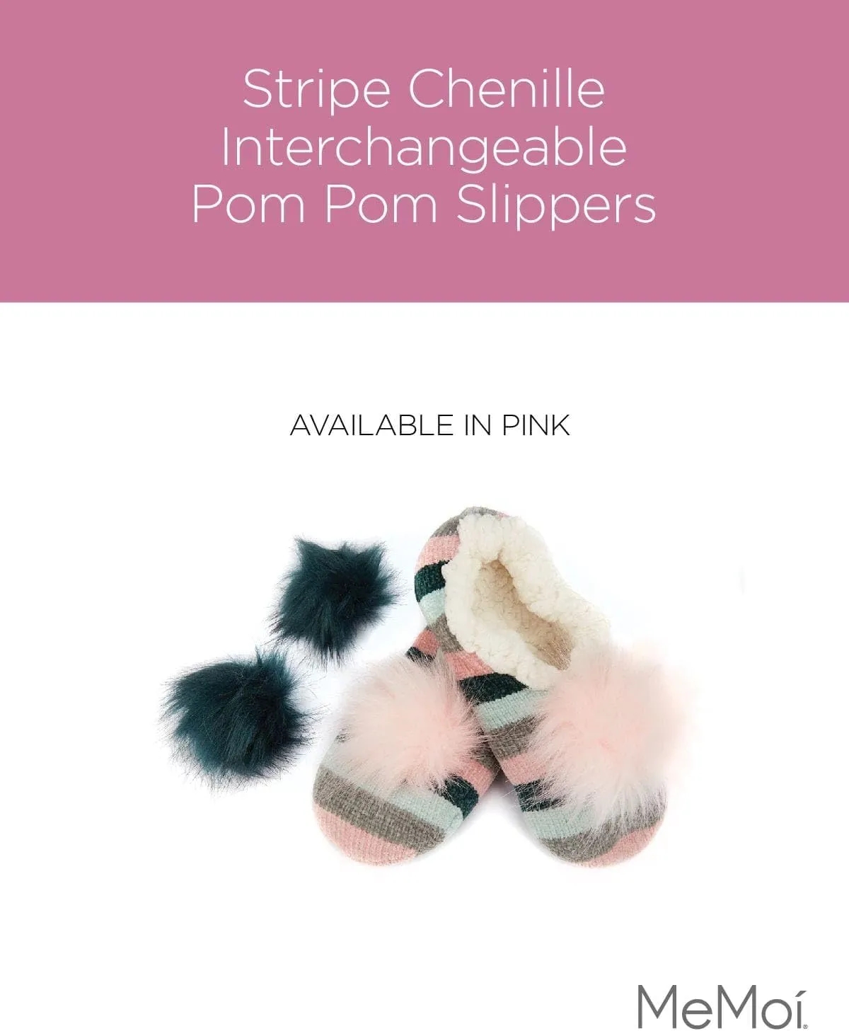 MeMoi Stripe Chenille Interchangeable Pom Pom Slippers