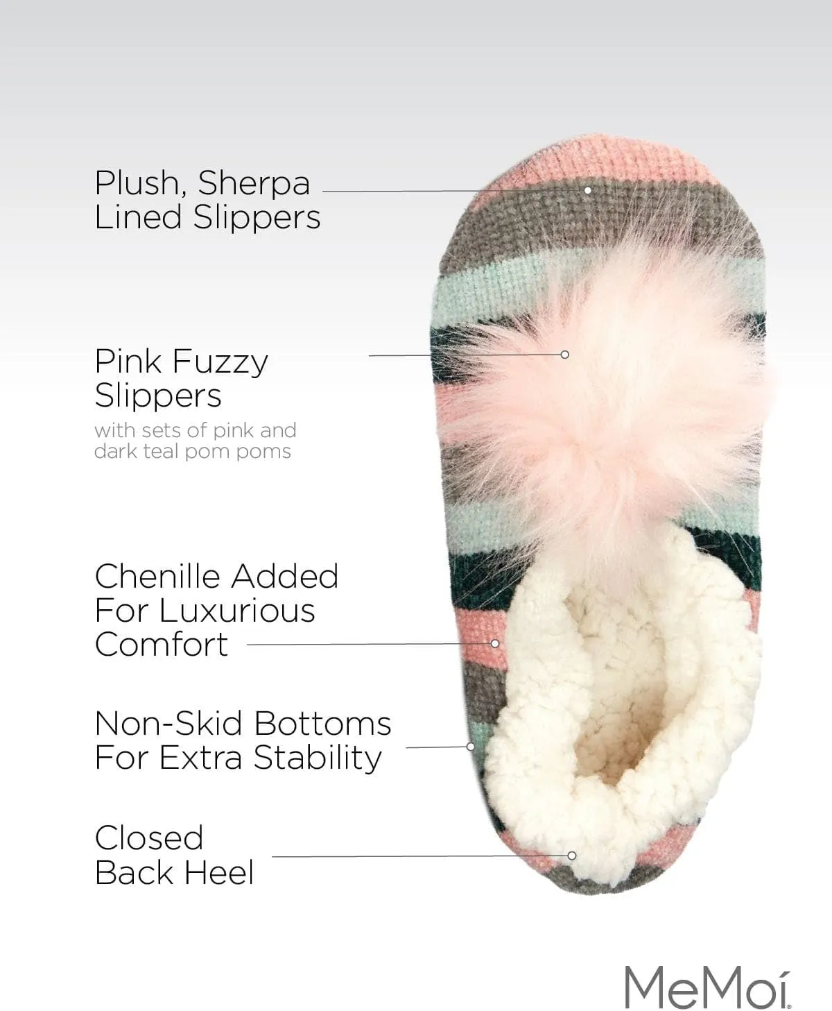 MeMoi Stripe Chenille Interchangeable Pom Pom Slippers
