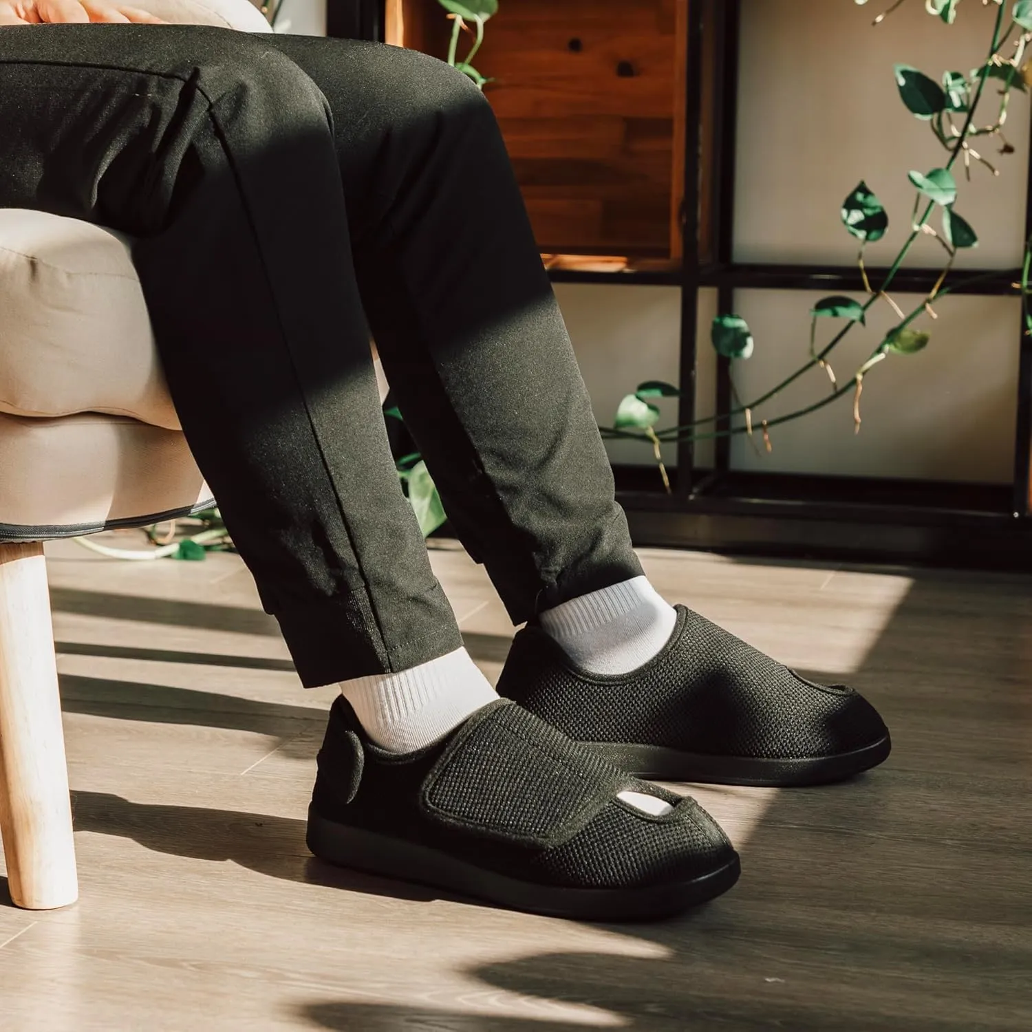 Men's Diabetic Wide Width Breathable Waffle Knit Adjustable Slipper with Anti-Slip Indoor Outdoor Sole