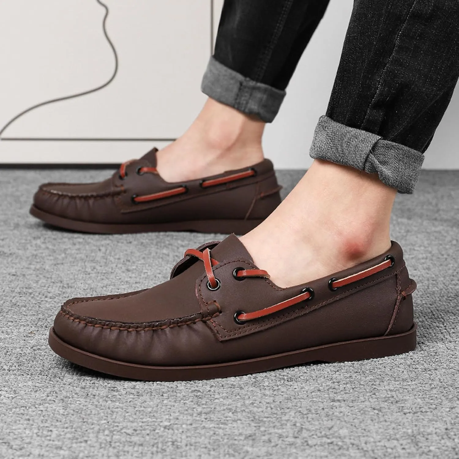 Men's Genuine Leather 2 Eye Flat Penny Loafers Oxford Breathable Slip On Closed Round Wide Toe Soft Sole Light Weight Boat Shoes Comfortable and Non-Slip Casual Driving Walking Shoes