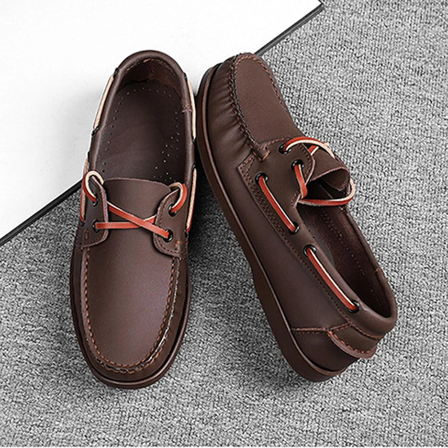 Men's Genuine Leather 2 Eye Flat Penny Loafers Oxford Breathable Slip On Closed Round Wide Toe Soft Sole Light Weight Boat Shoes Comfortable and Non-Slip Casual Driving Walking Shoes
