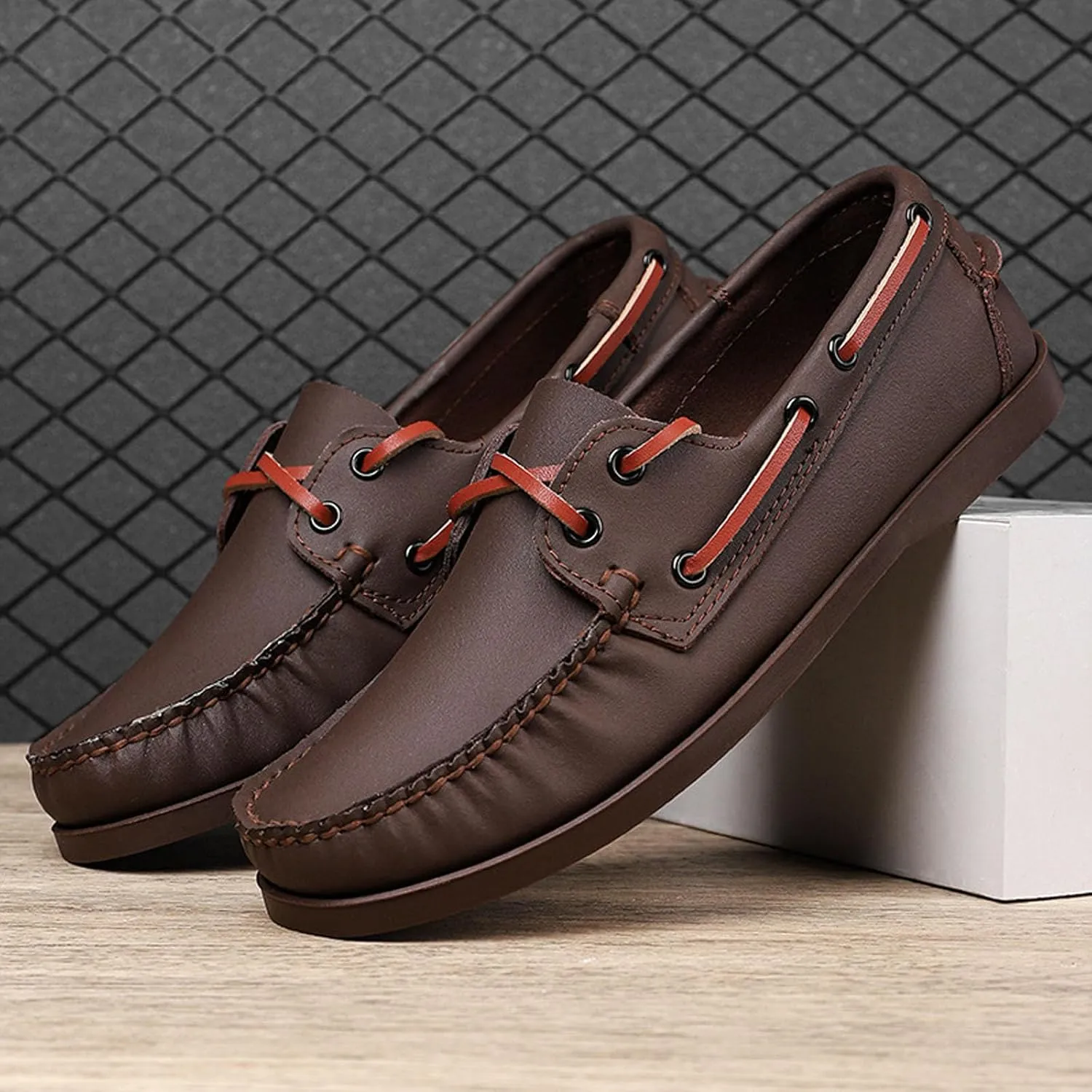 Men's Genuine Leather 2 Eye Flat Penny Loafers Oxford Breathable Slip On Closed Round Wide Toe Soft Sole Light Weight Boat Shoes Comfortable and Non-Slip Casual Driving Walking Shoes