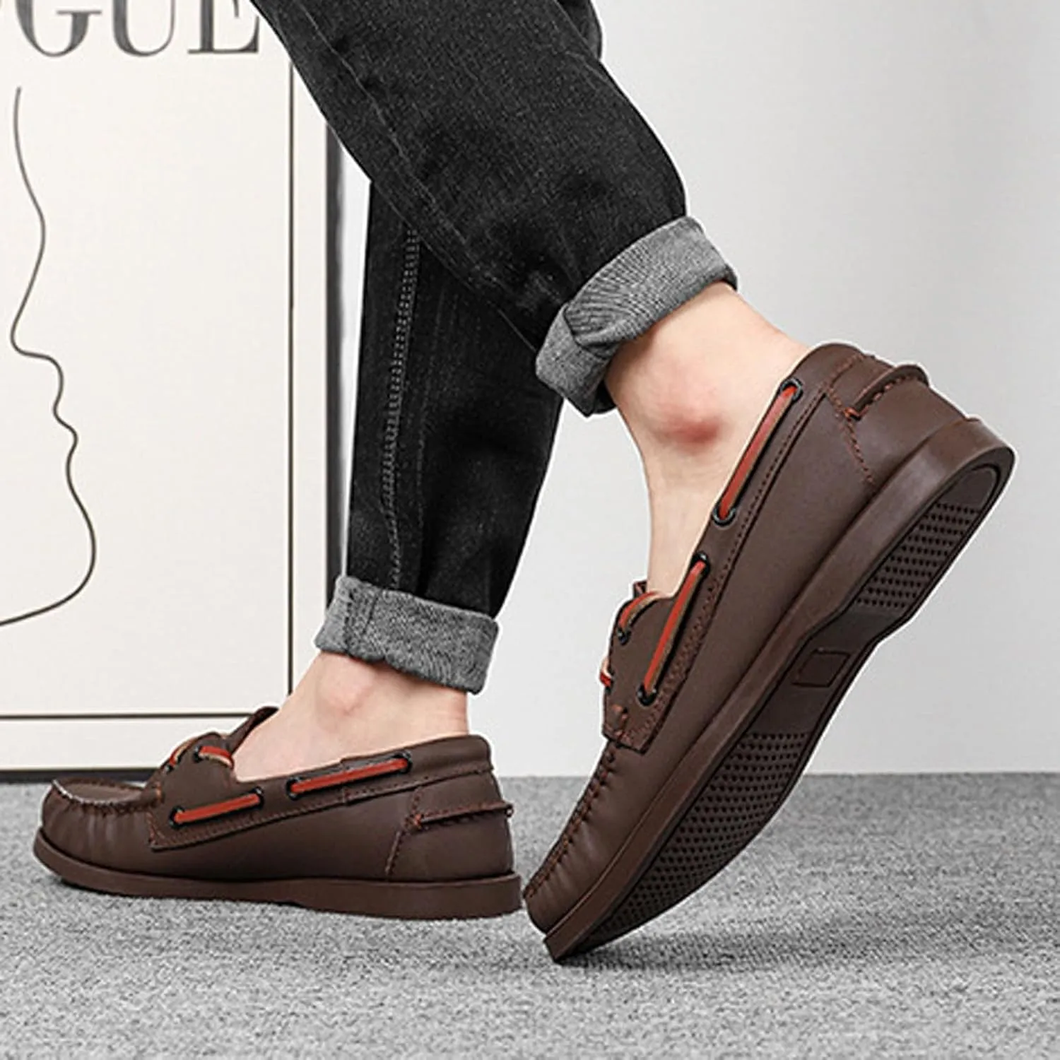 Men's Genuine Leather 2 Eye Flat Penny Loafers Oxford Breathable Slip On Closed Round Wide Toe Soft Sole Light Weight Boat Shoes Comfortable and Non-Slip Casual Driving Walking Shoes