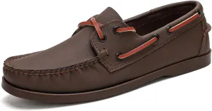 Men's Genuine Leather 2 Eye Flat Penny Loafers Oxford Breathable Slip On Closed Round Wide Toe Soft Sole Light Weight Boat Shoes Comfortable and Non-Slip Casual Driving Walking Shoes