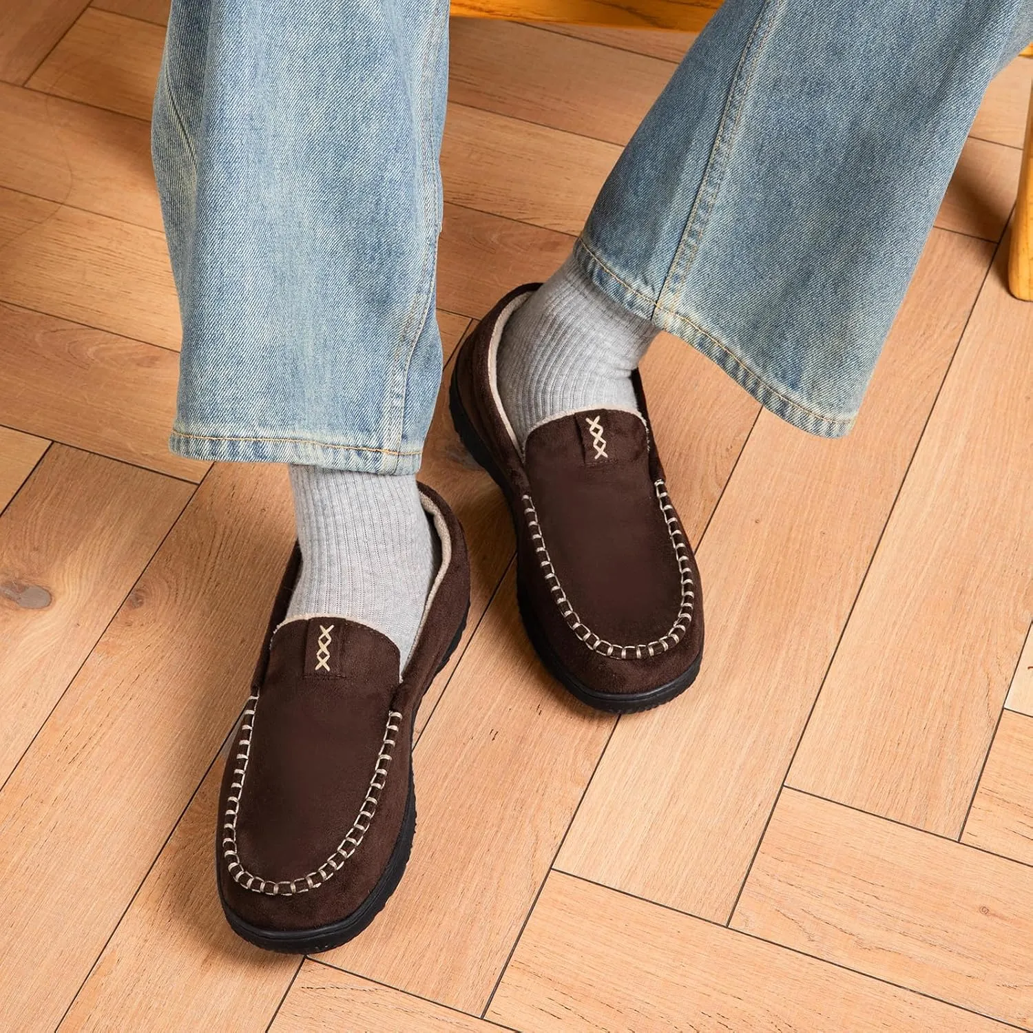 Men's Moccasin House Slippers - Memory Foam Indoor Outdoor Shoes Breathable Slip-on Loafers