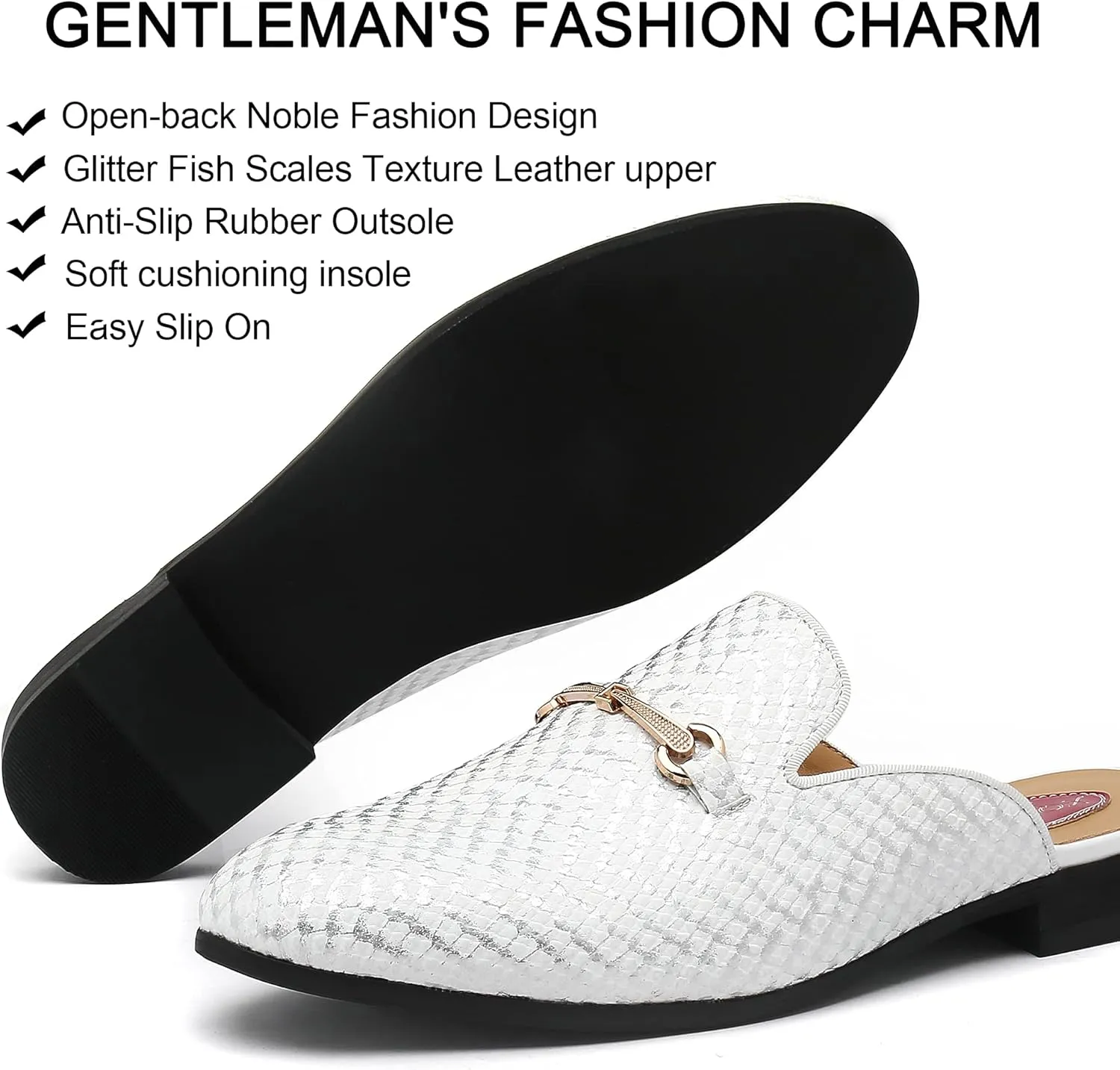 Men's Slip-on Mule Sandals Loafer with Gold Buckle,Fashion Leather Formal Wear Casual Backless Dress Slippers