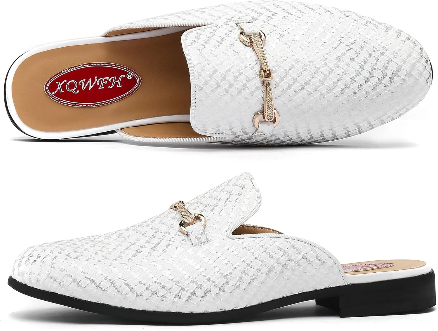 Men's Slip-on Mule Sandals Loafer with Gold Buckle,Fashion Leather Formal Wear Casual Backless Dress Slippers