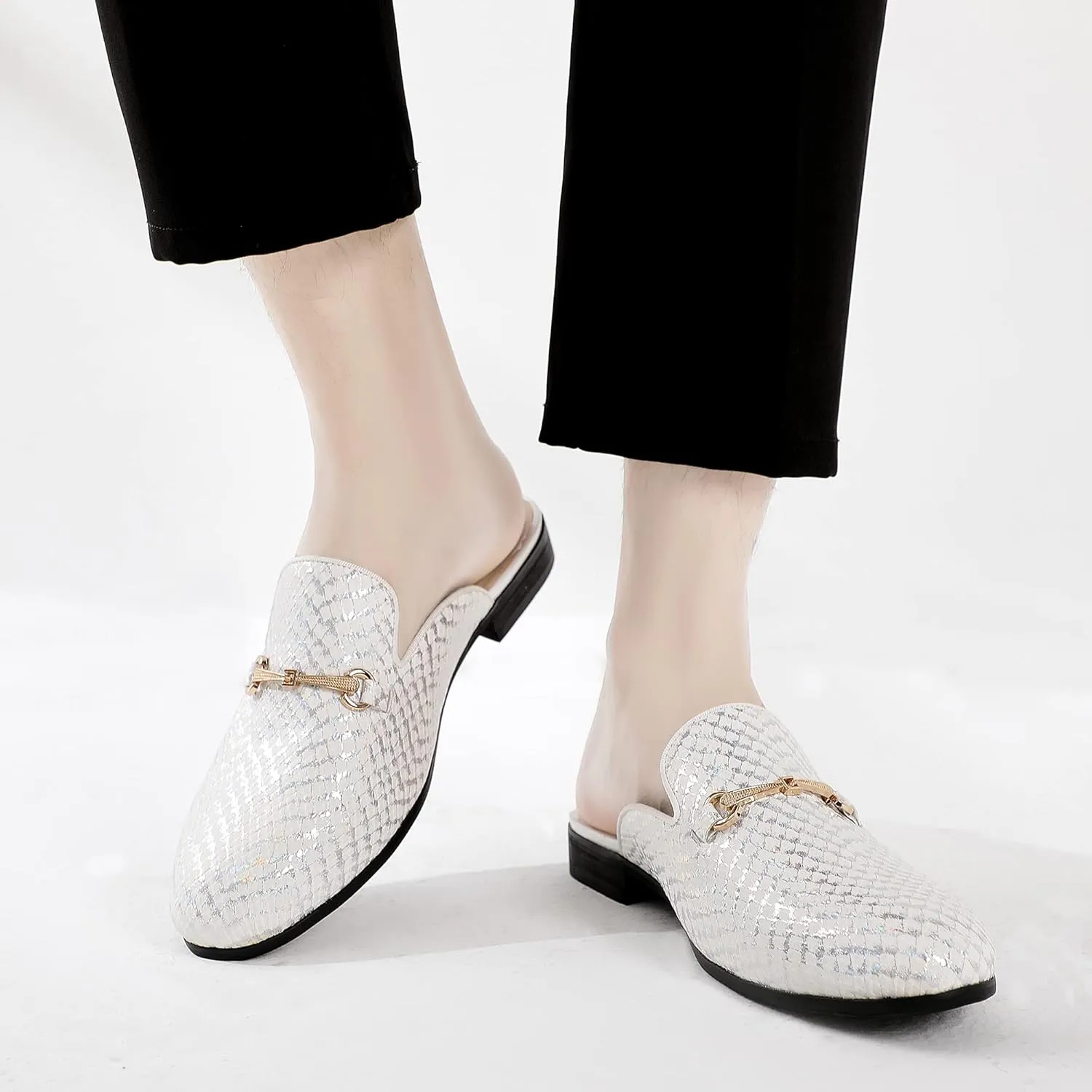 Men's Slip-on Mule Sandals Loafer with Gold Buckle,Fashion Leather Formal Wear Casual Backless Dress Slippers