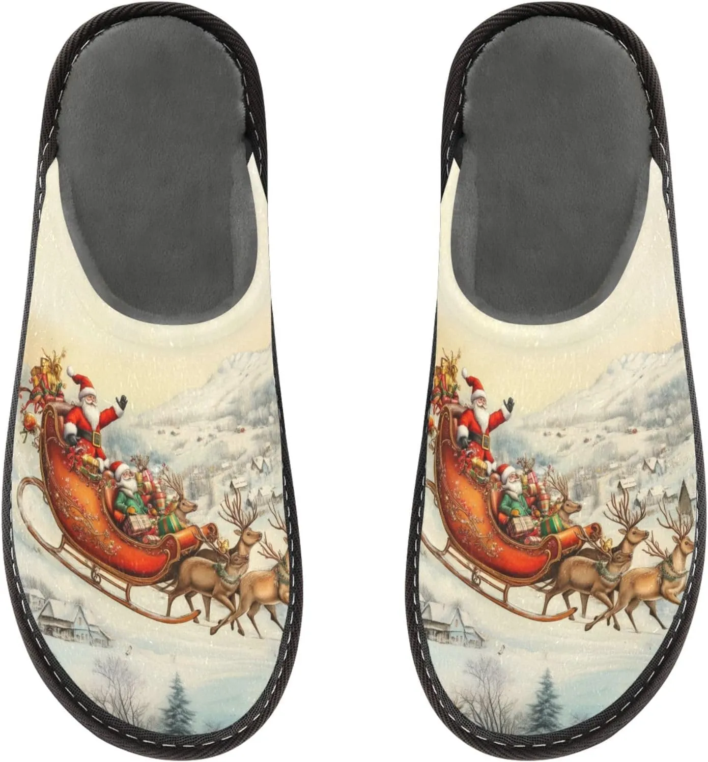 Mens Womens Slippers, Retro Village Flying Santa with Reindeer Slip-On Breathable House Shoes Indoor/Outdoor Size 4-11