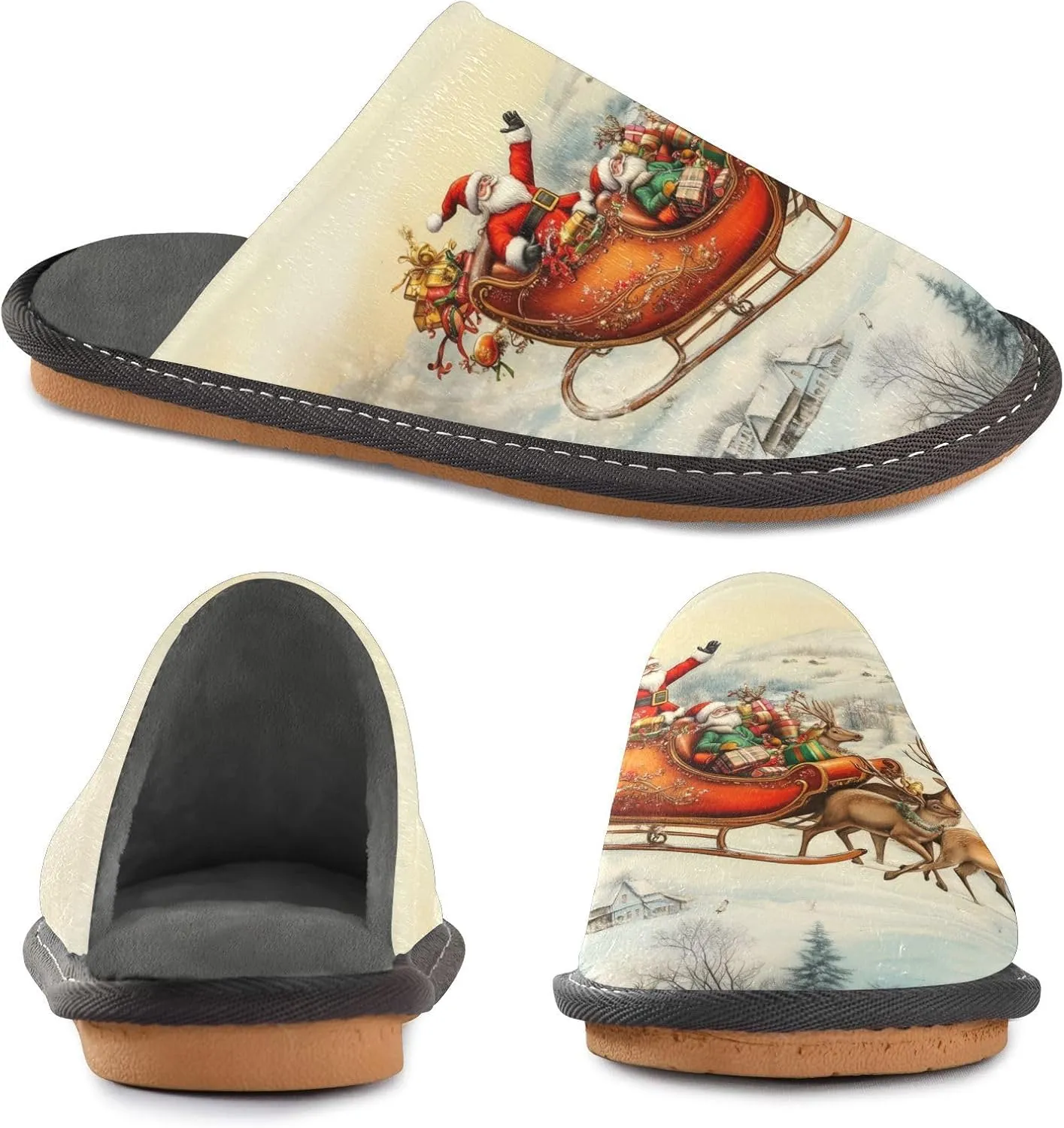 Mens Womens Slippers, Retro Village Flying Santa with Reindeer Slip-On Breathable House Shoes Indoor/Outdoor Size 4-11