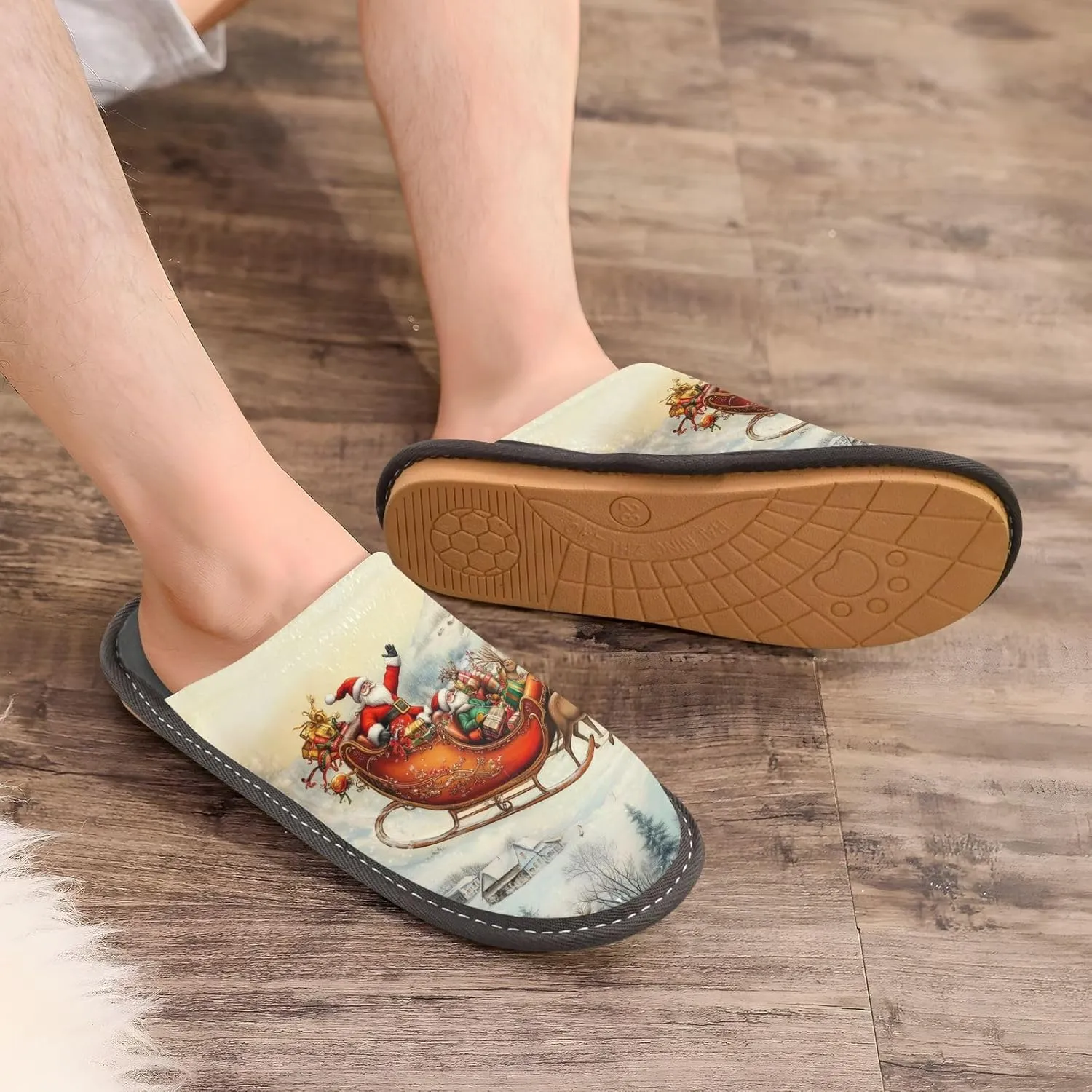 Mens Womens Slippers, Retro Village Flying Santa with Reindeer Slip-On Breathable House Shoes Indoor/Outdoor Size 4-11