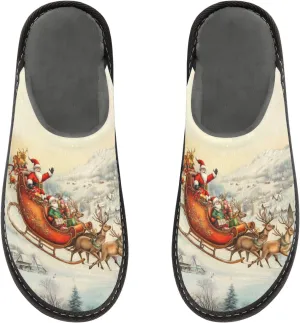 Mens Womens Slippers, Retro Village Flying Santa with Reindeer Slip-On Breathable House Shoes Indoor/Outdoor Size 4-11