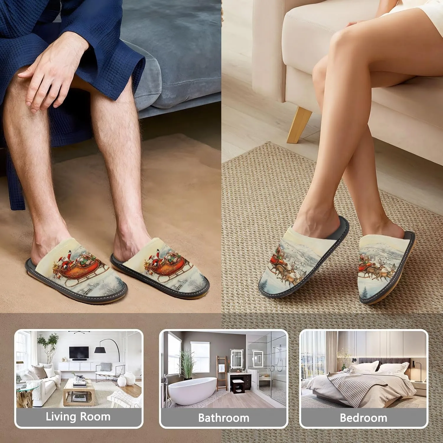 Mens Womens Slippers, Retro Village Flying Santa with Reindeer Slip-On Breathable House Shoes Indoor/Outdoor Size 4-11