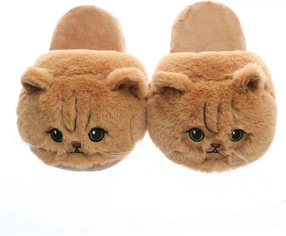 Millffy Unisex Kids Girls 3D Big Head Realistic Kitty Cat Womens Tabby cat Plush Fuzzy Slippers Ladies House Slippers