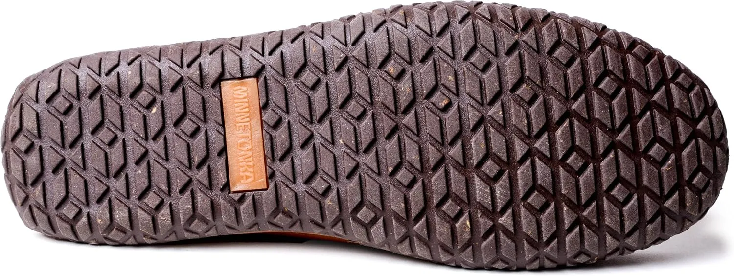 Minnetonka Men's Tie Tread - Suede Mocassins for Men - Water-Resistant Indoor Outdoor Slippers with MinnTREAD Rubber Sole