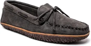 Minnetonka Men's Tie Tread - Suede Mocassins for Men - Water-Resistant Indoor Outdoor Slippers with MinnTREAD Rubber Sole