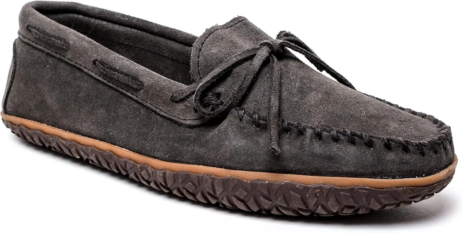 Minnetonka Men's Tie Tread - Suede Mocassins for Men - Water-Resistant Indoor Outdoor Slippers with MinnTREAD Rubber Sole