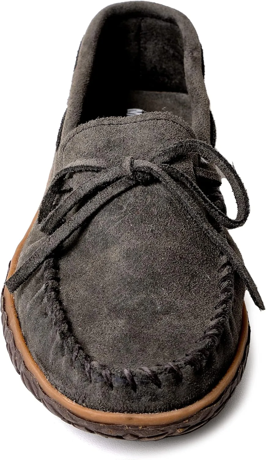 Minnetonka Men's Tie Tread - Suede Mocassins for Men - Water-Resistant Indoor Outdoor Slippers with MinnTREAD Rubber Sole