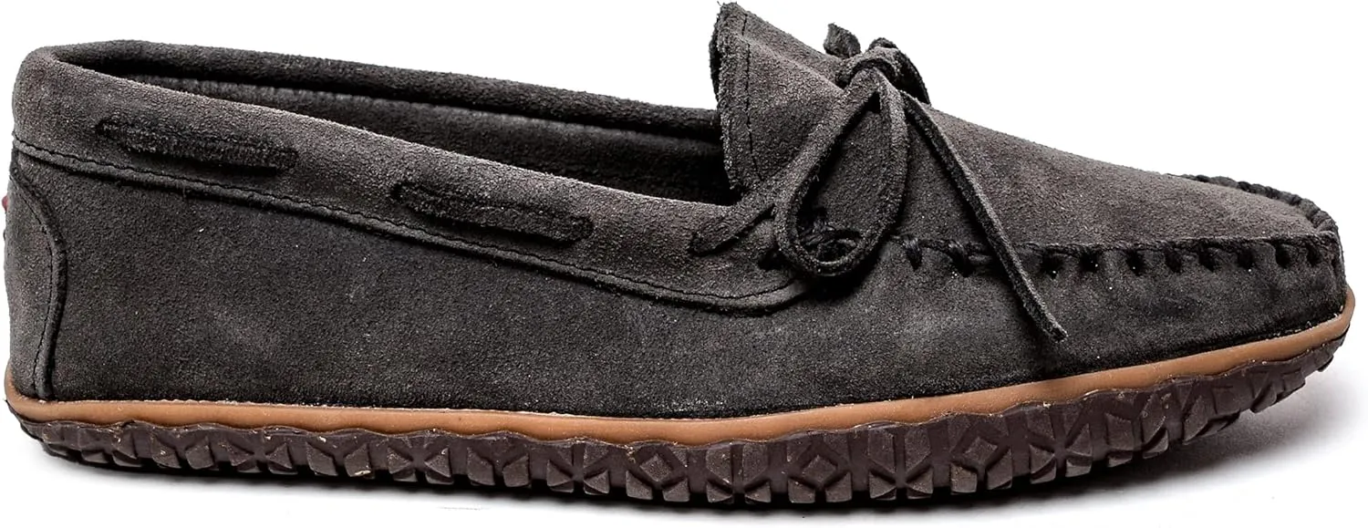 Minnetonka Men's Tie Tread - Suede Mocassins for Men - Water-Resistant Indoor Outdoor Slippers with MinnTREAD Rubber Sole