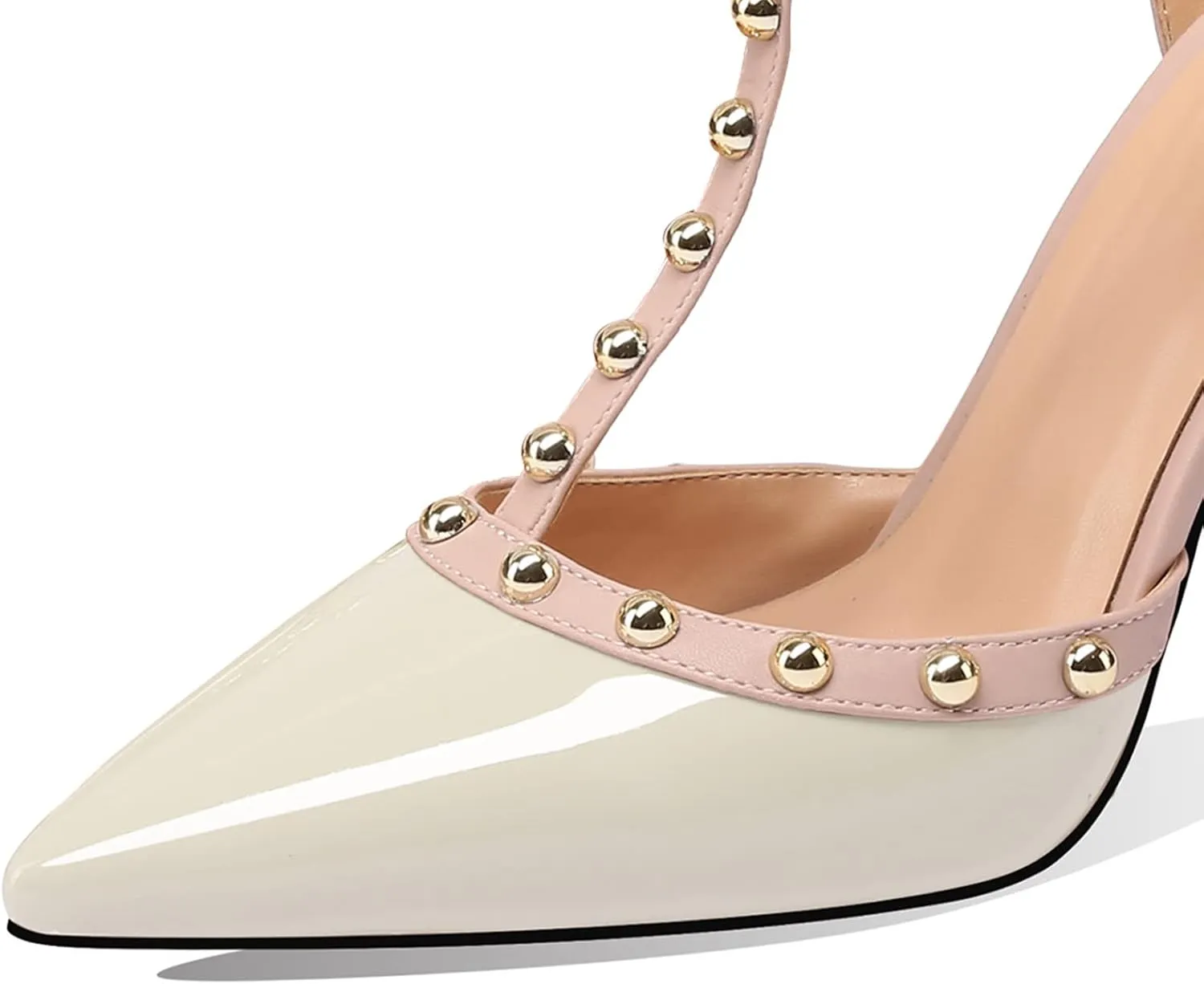 MIRAAZZURRA Women Heeled Sandals Rivet Studded High Heels Stiletto T-Strap Pointed Toe Slip On Bridal Pumps for Women