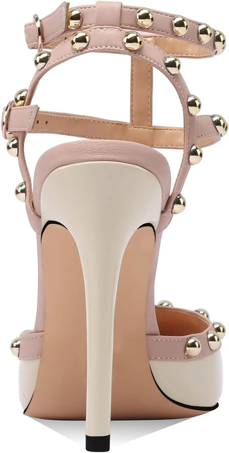 MIRAAZZURRA Women Heeled Sandals Rivet Studded High Heels Stiletto T-Strap Pointed Toe Slip On Bridal Pumps for Women