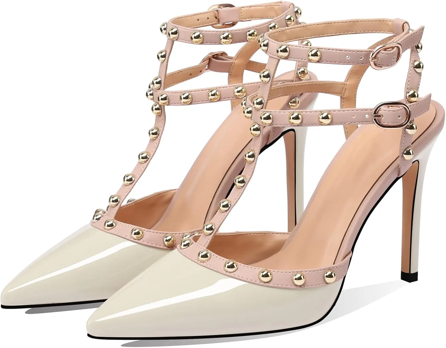 MIRAAZZURRA Women Heeled Sandals Rivet Studded High Heels Stiletto T-Strap Pointed Toe Slip On Bridal Pumps for Women