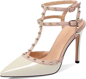 MIRAAZZURRA Women Heeled Sandals Rivet Studded High Heels Stiletto T-Strap Pointed Toe Slip On Bridal Pumps for Women