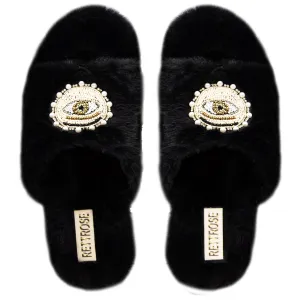Molly Black Luxury Plush Diamanté Embellished Handmade Slipper