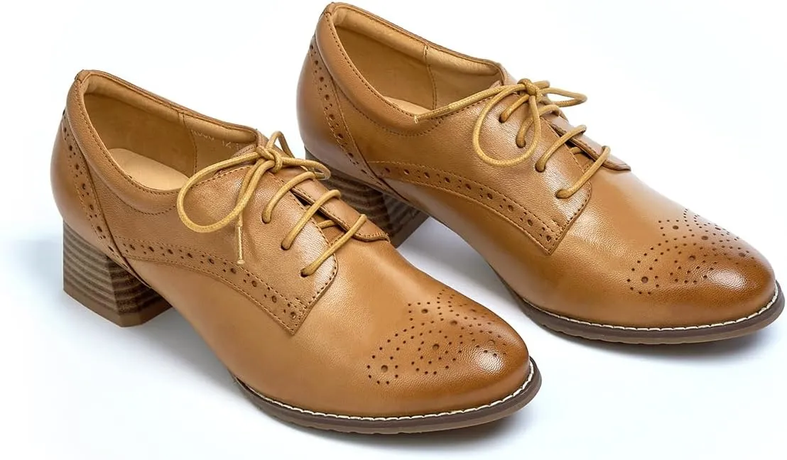 Mona flying Womens Leather Med Chunky Heel Wingtip Brogue Lace-up Dress Oxford Pumps Office Work Heel Shoes for Ladies