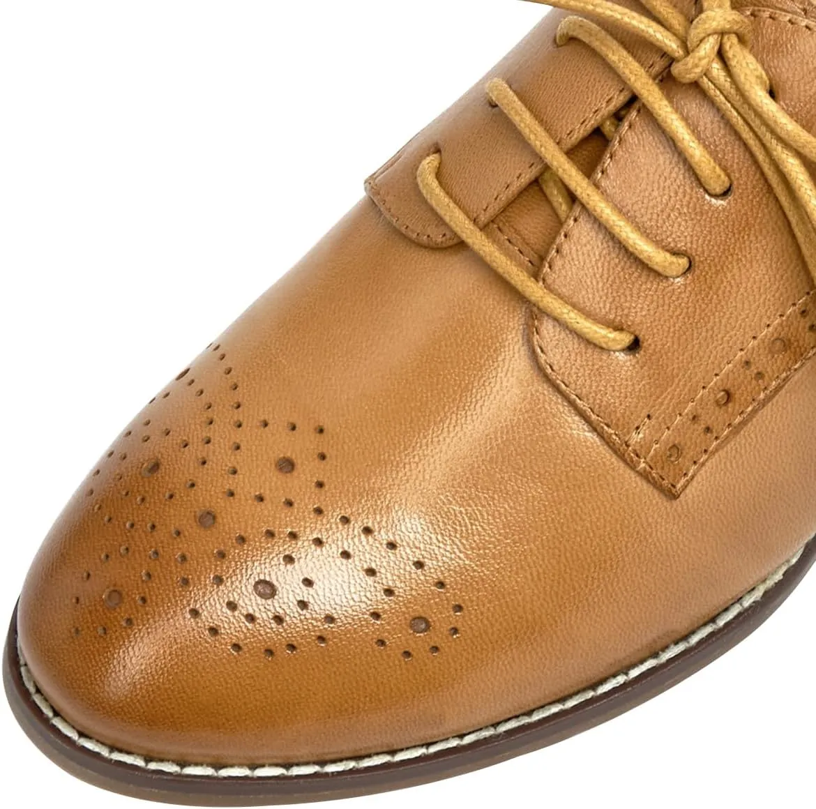 Mona flying Womens Leather Med Chunky Heel Wingtip Brogue Lace-up Dress Oxford Pumps Office Work Heel Shoes for Ladies