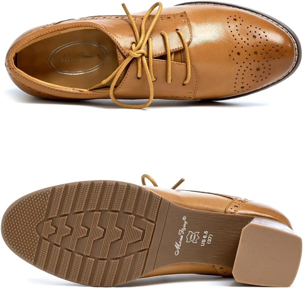 Mona flying Womens Leather Med Chunky Heel Wingtip Brogue Lace-up Dress Oxford Pumps Office Work Heel Shoes for Ladies