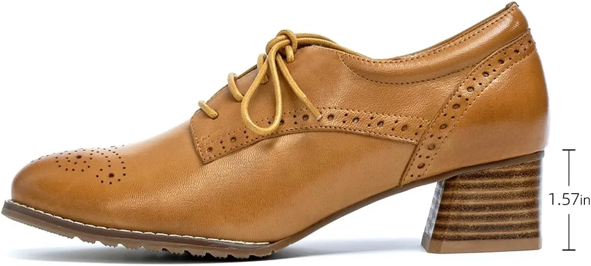 Mona flying Womens Leather Med Chunky Heel Wingtip Brogue Lace-up Dress Oxford Pumps Office Work Heel Shoes for Ladies