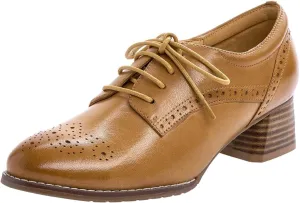 Mona flying Womens Leather Med Chunky Heel Wingtip Brogue Lace-up Dress Oxford Pumps Office Work Heel Shoes for Ladies