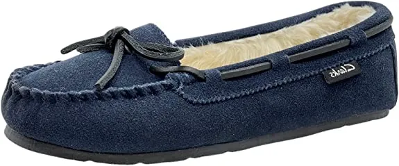 Navy Slip Breathable Slipper Suede Clarks Comfortable Lined Moccasin Fur Resilient On Faux Low-cost deal