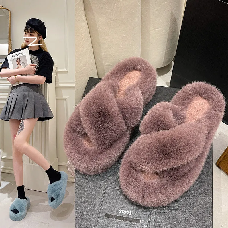 New Autumn Winter Warm Women's Thick Bottom 5cm Fur Indoor Plush Slippers