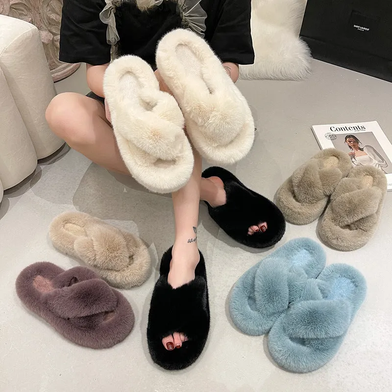 New Autumn Winter Warm Women's Thick Bottom 5cm Fur Indoor Plush Slippers