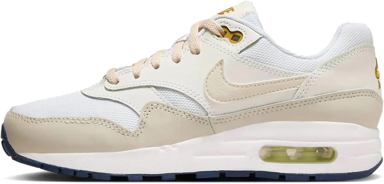 NIKE Air Max 1 Big Kids' Shoes (DZ3307-103, White/Bronzine/Barely Volt/Light Orewood Brown) Size 5.5