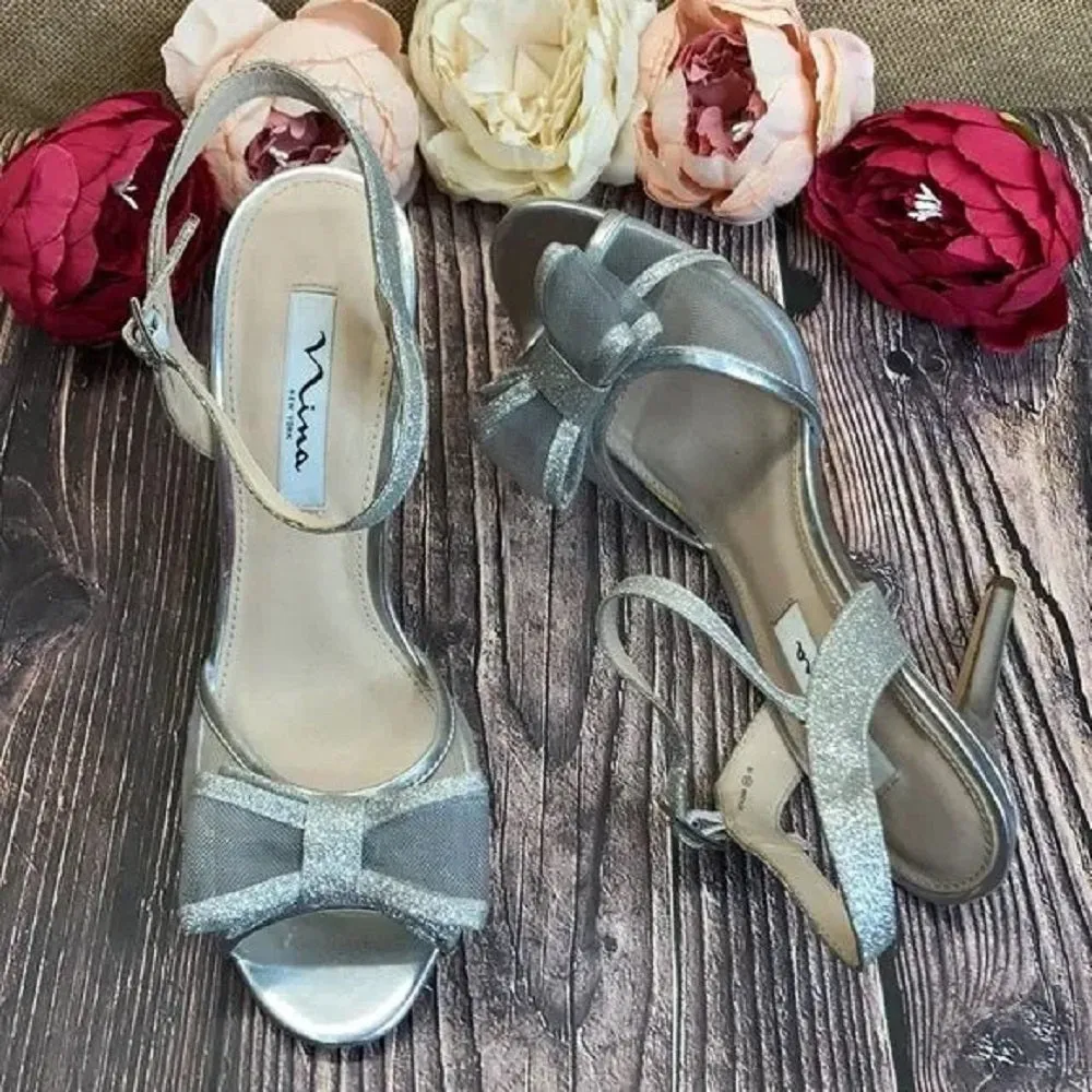 Nina Silver Glitter Charm Bow Evening Dress Sandals 8.5