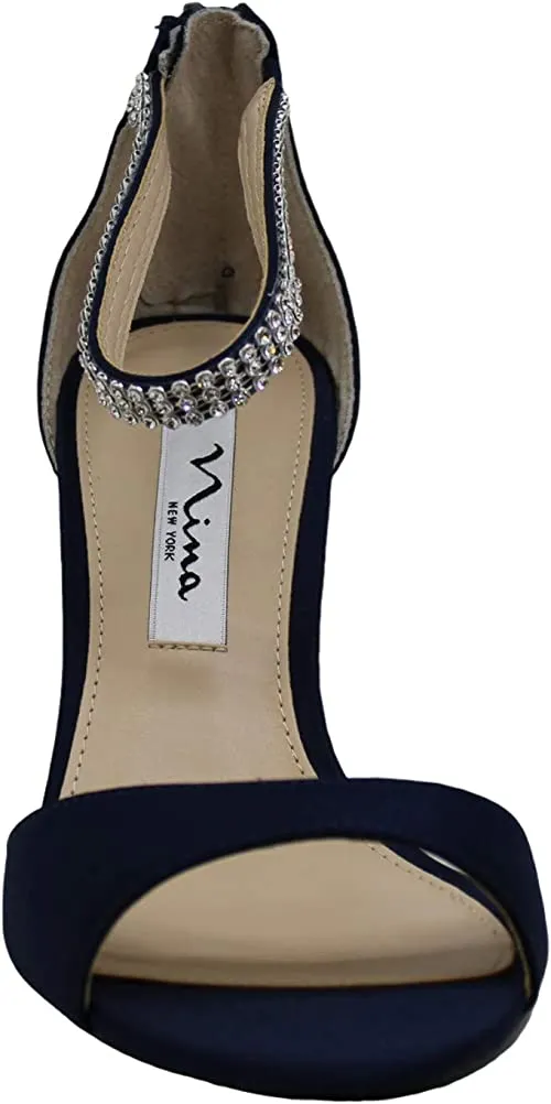 NINA Womens Volanda Satin Embellished Dress Sandals Navy 9 Medium (B,M)