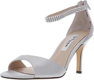 NINA Womens Volanda Satin Embellished Dress Sandals Silver 7.5 Medium (B,M)