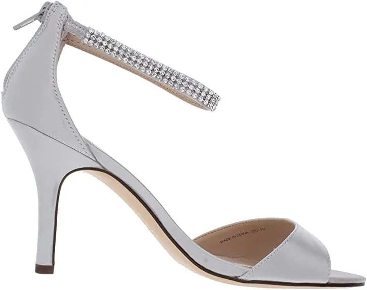 NINA Womens Volanda Satin Embellished Dress Sandals Silver 7.5 Medium (B,M)